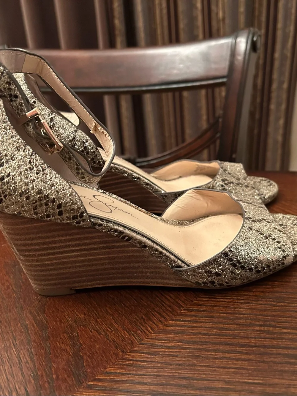Jessica Simpson Metallic Gold Snake-Print Wedge Sandals Size 8.5